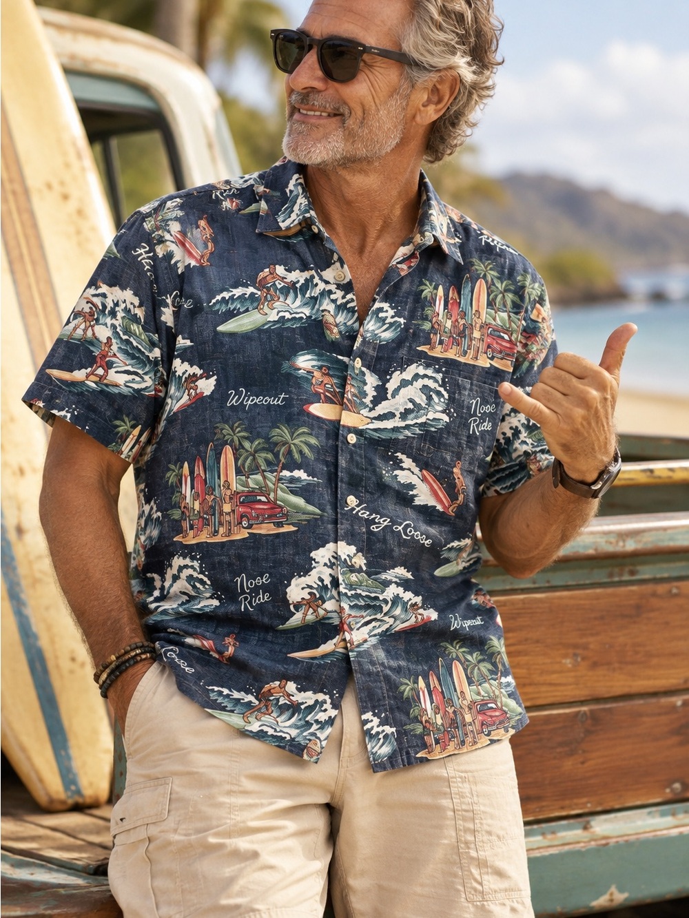 Reyn Spooner Blue Waveriders Surf Wipeout Hang Loose Limited Issue XL